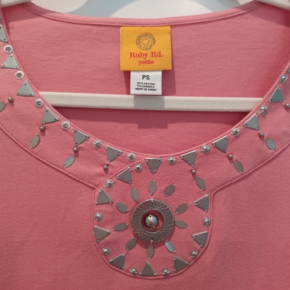 NWT RUBY ROAD PETITE SMALL SILVER METALLIC EMBELLISHED BOHO COTTON TOP! - Picture 2 of 4